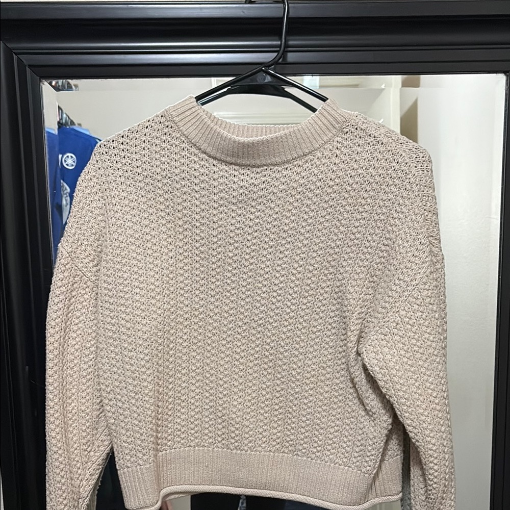 Cream Cowl Neck Sweater with Ribbed Knit Texture